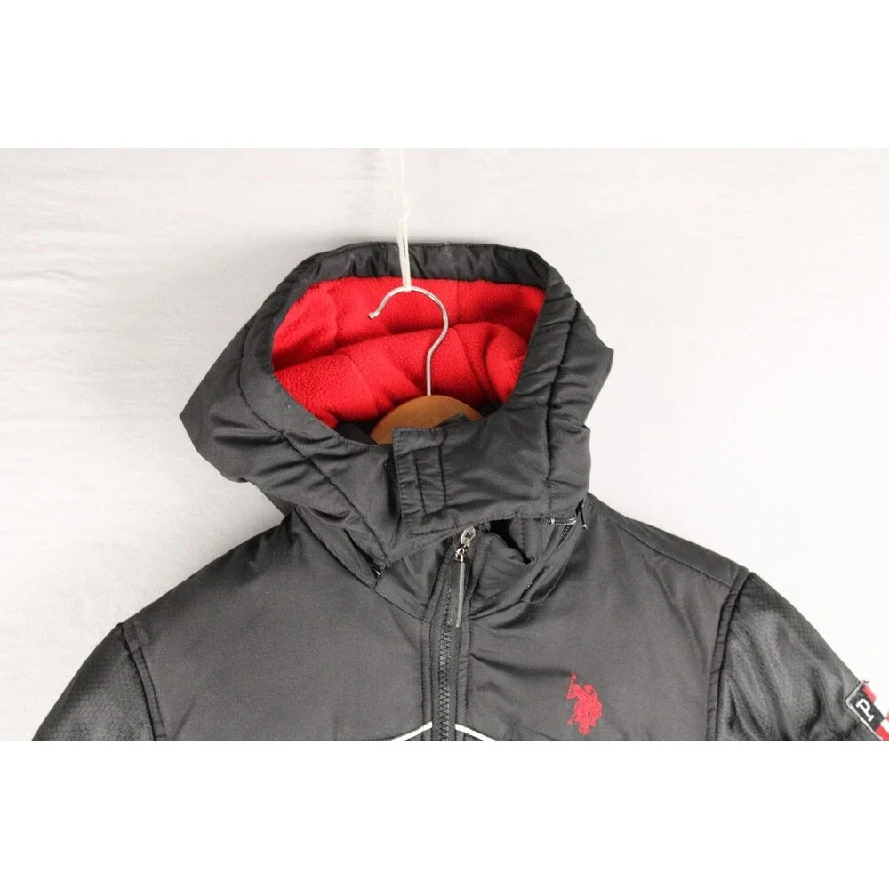 U.S. Polo Assn Puffer Jacket Black Logo Sleeve Hood Zip Pockets Lined Size 5/6